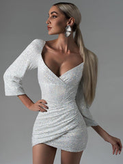 Sequins Designed Neckline Long Sleeves Glitter Bodycon Mini Dresses