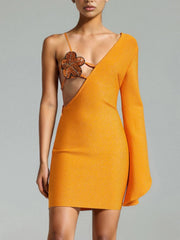 Sequins Flower One Shoulder Long Sleeve Backless Cocktail Bodycon Bandage Mini Dresses