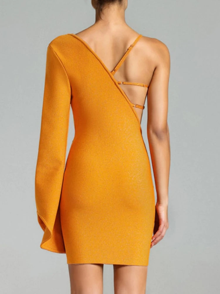 Sequins Flower One Shoulder Long Sleeve Backless Cocktail Bodycon Bandage Mini Dresses