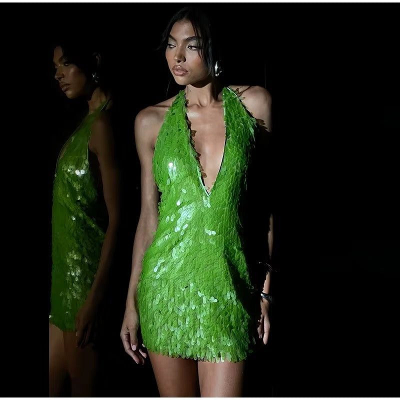Sequins Glitter Halter Deep V-neck Backless Mini Dress