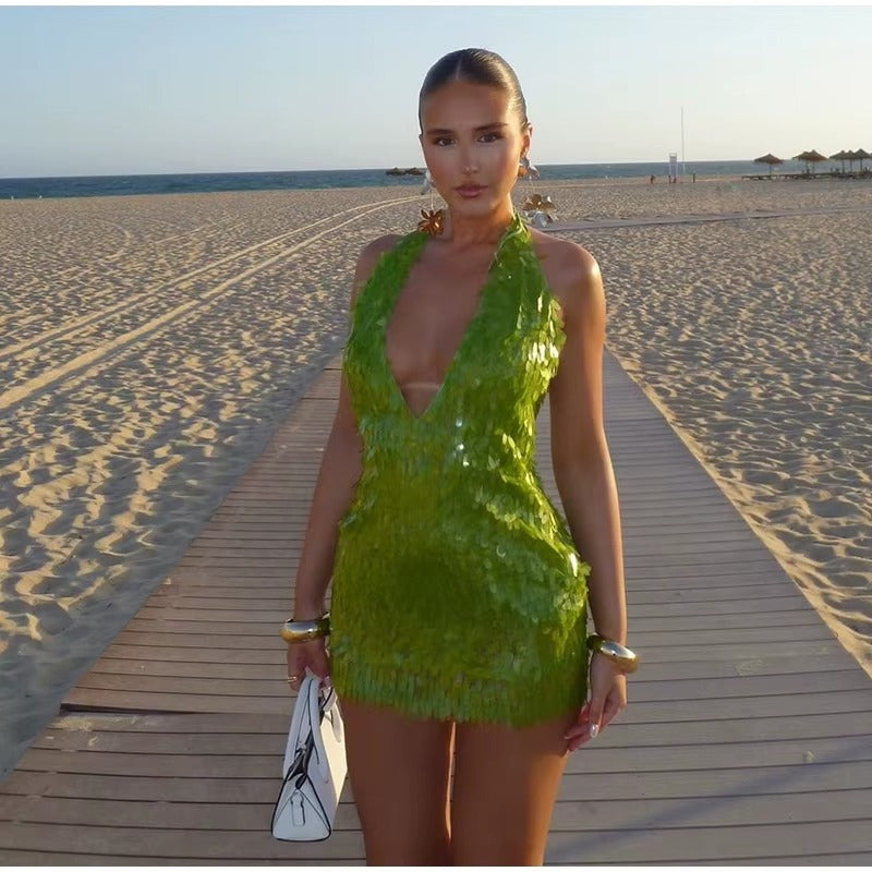 Sequins Glitter Halter Deep V-neck Backless Mini Dress