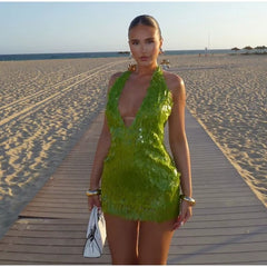 Sequins Glitter Halter Deep V-neck Backless Mini Dress