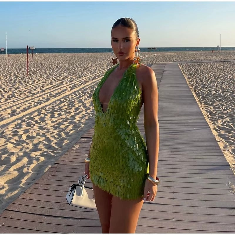Sequins Glitter Halter Deep V-neck Backless Mini Dress