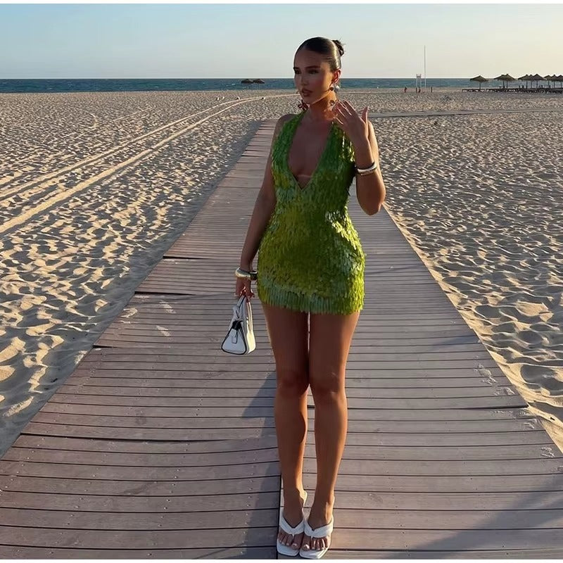 Sequins Glitter Halter Deep V-neck Backless Mini Dress