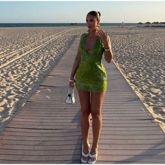 Sequins Glitter Halter Deep V-neck Backless Mini Dress