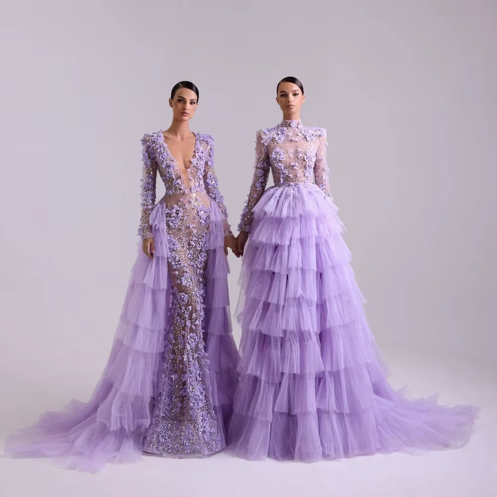 Sequins Mermaid 3D Flowers Long Sleeves V-Neck Floor-Length Party Prom Maxi Dress
