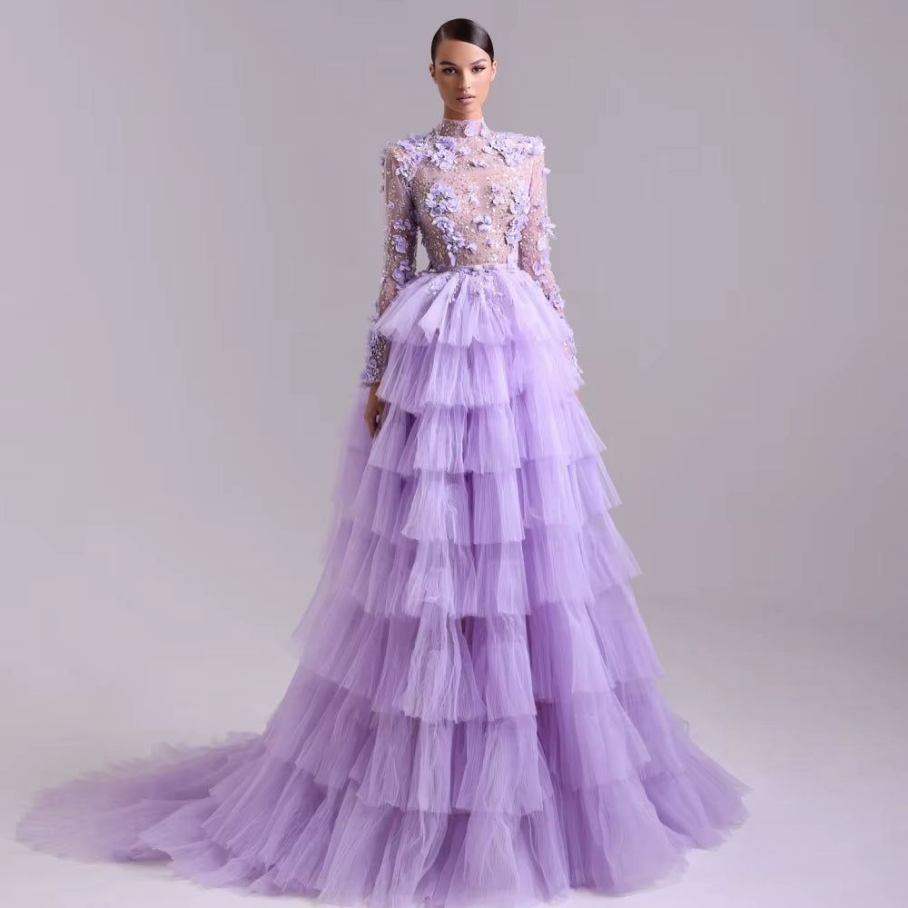 Sequins Mermaid 3D Flowers Long Sleeves V-Neck Floor-Length Party Prom Maxi Dress