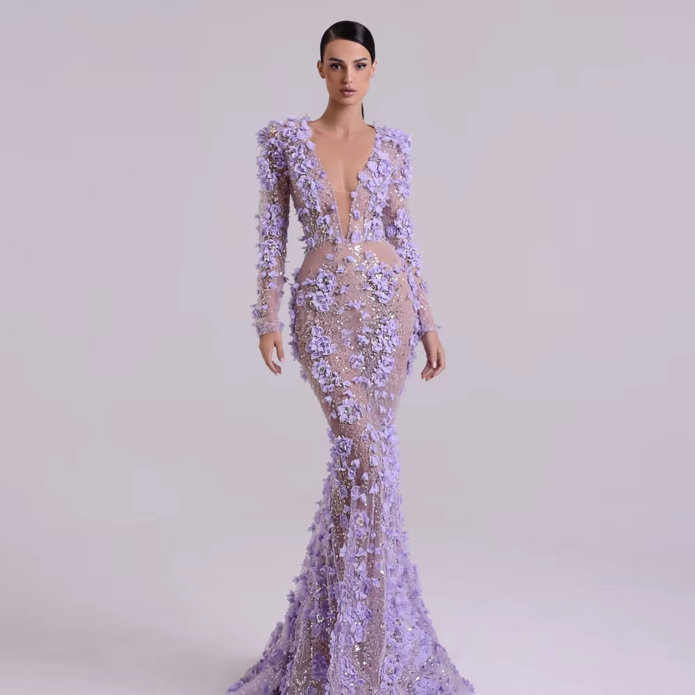 Sequins Mermaid 3D Flowers Long Sleeves V-Neck Floor-Length Party Prom Maxi Dress