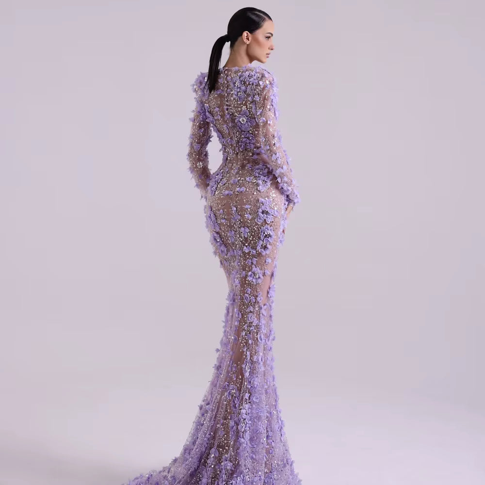 Sequins Mermaid 3D Flowers Long Sleeves V-Neck Floor-Length Party Prom Maxi Dress