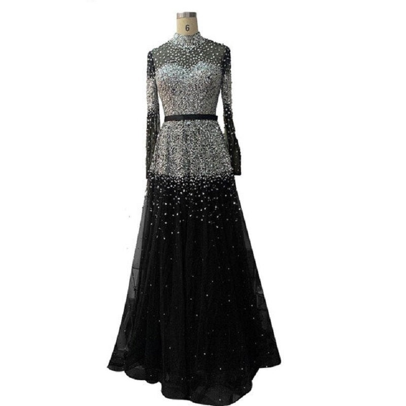 Sequins Sparkle Collar A-Line Evening Dresses
