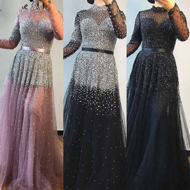 Sequins Sparkle Collar A-Line Evening Dresses