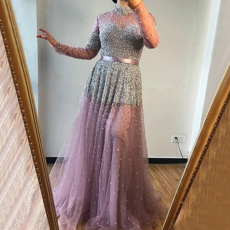 Sequins Sparkle Collar A-Line Evening Dresses