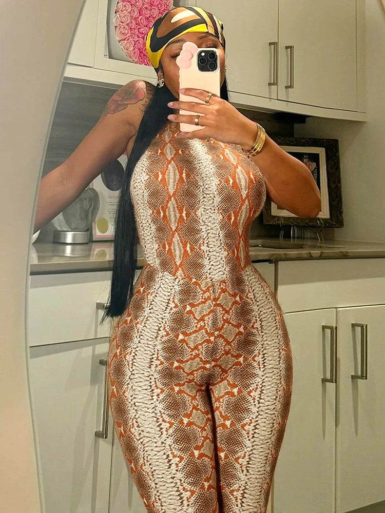 Serpentine Print Halter Backless Sleeveless Skinny Peach Hip Midnight Club Party Jumpsuits