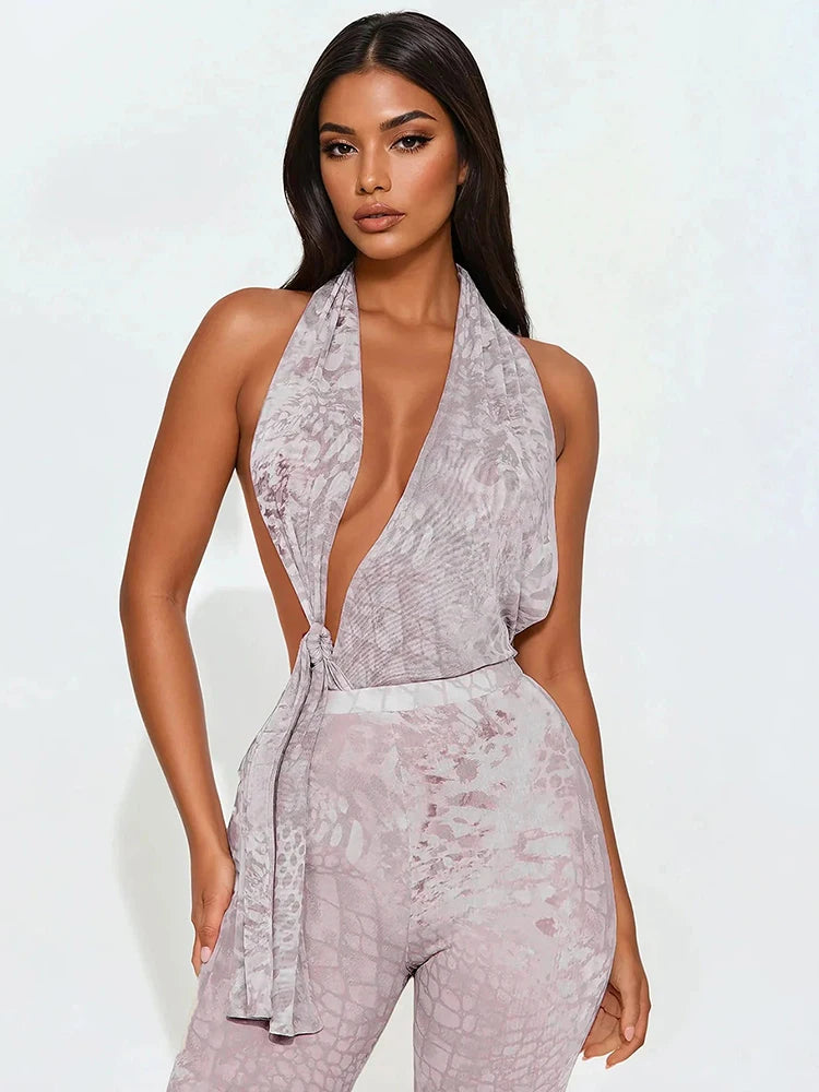 Serpentine Print Hollow Halter Low-Neck Ruched Knot Backless Skinny Peach Buttocks Jumpsuits
