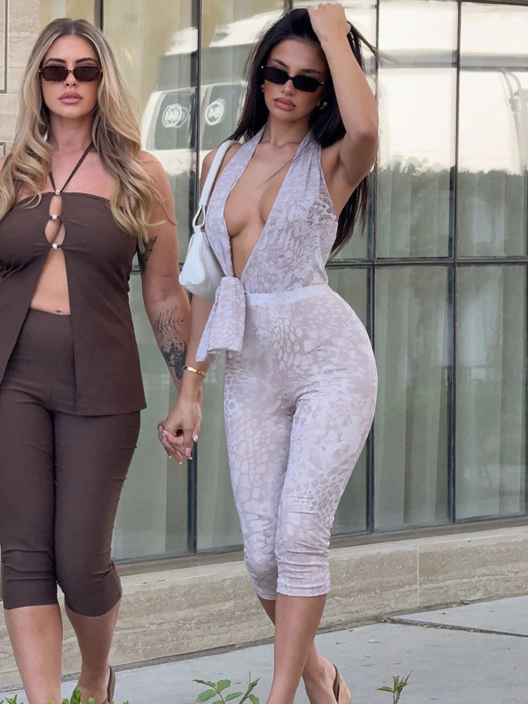 Serpentine Print Hollow Halter Low-Neck Ruched Knot Backless Skinny Peach Buttocks Jumpsuits