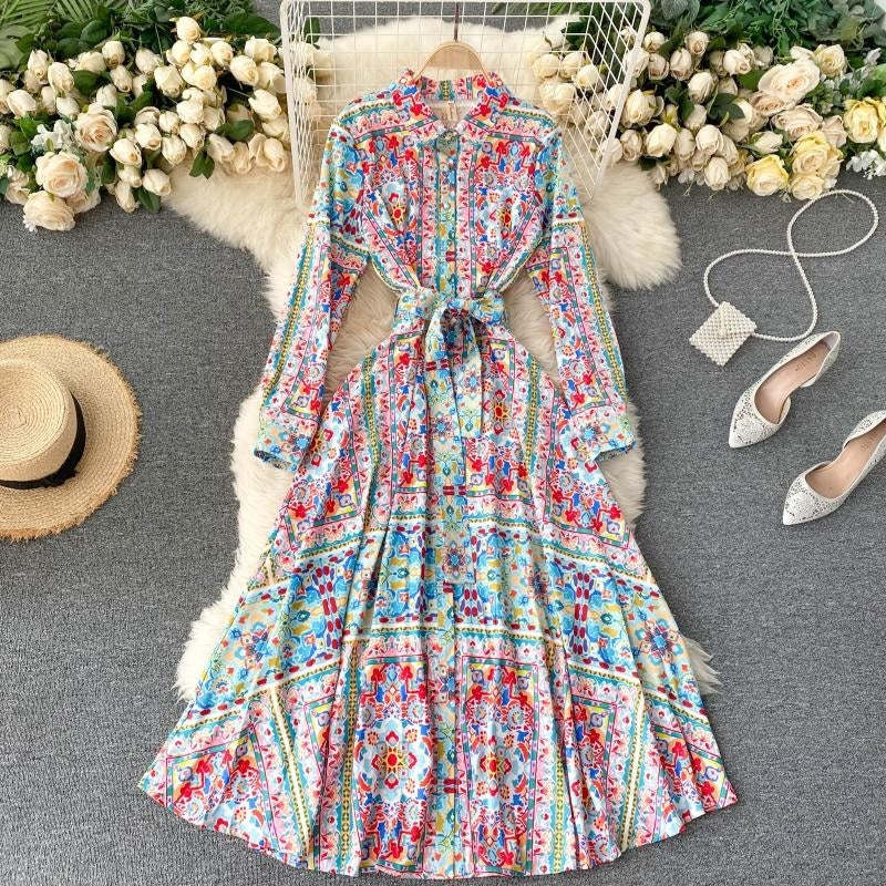 A-Line Stand Collar Long Sleeve Design Print Maxi Dress