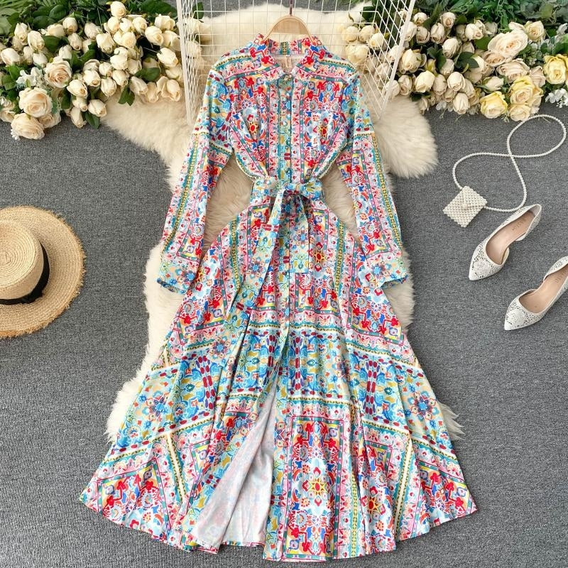 A-Line Stand Collar Long Sleeve Design Print Maxi Dress