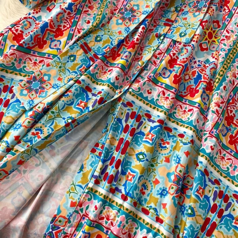 A-Line Stand Collar Long Sleeve Design Print Maxi Dress