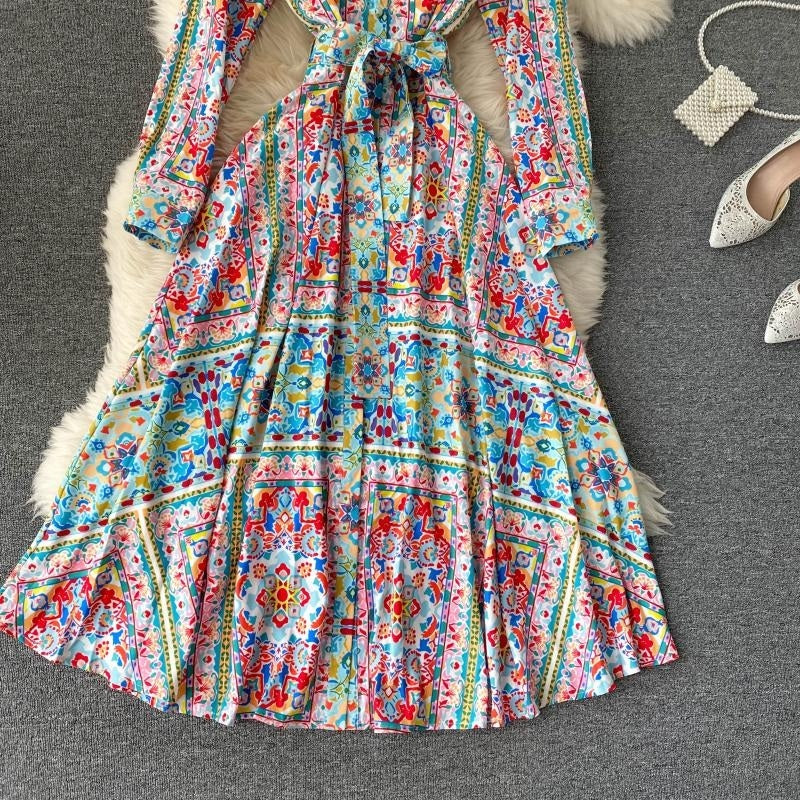 A-Line Stand Collar Long Sleeve Design Print Maxi Dress