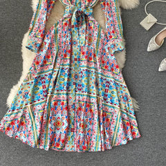 A-Line Stand Collar Long Sleeve Design Print Maxi Dress