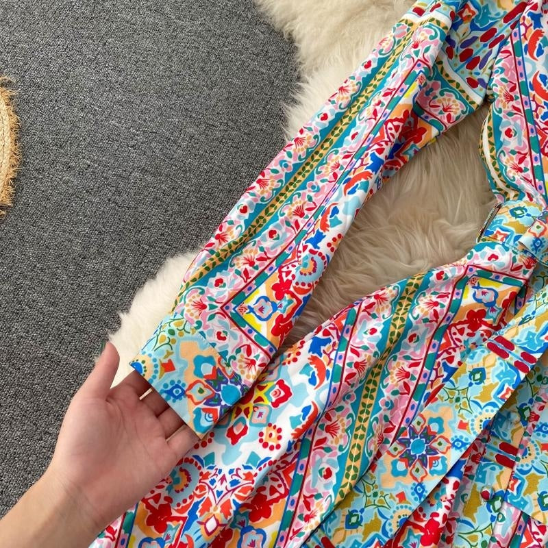 A-Line Stand Collar Long Sleeve Design Print Maxi Dress
