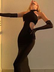 Backless Hollow Out Long Gloves Evening Dress