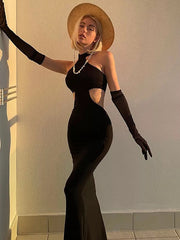 Backless Hollow Out Long Gloves Evening Dress