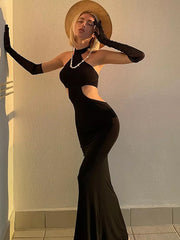 Backless Hollow Out Long Gloves Evening Dress