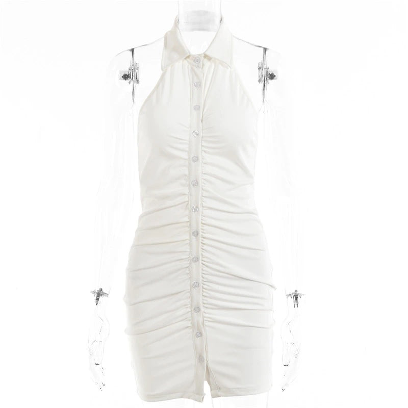 Backless Ruched Halter Neck Sleeveless Buttons Mini Dress