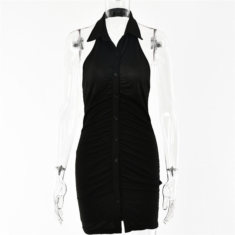 Backless Ruched Halter Neck Sleeveless Buttons Mini Dress
