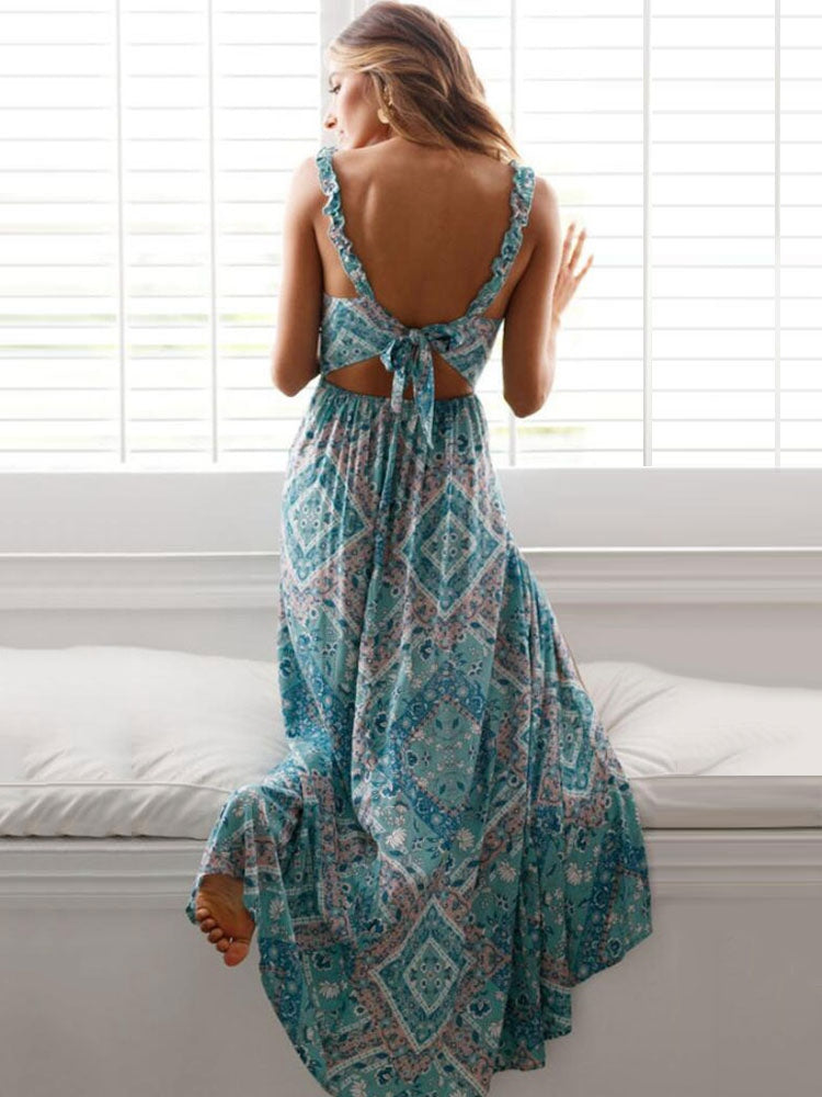 Backless Sleeveless Cut Out Knotted Bohemian Printed Maxi Dress