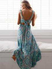 Backless Sleeveless Cut Out Knotted Bohemian Printed Maxi Dress