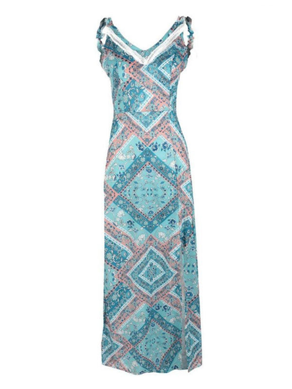 Backless Sleeveless Cut Out Knotted Bohemian Printed Maxi Dress