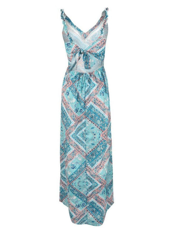 Backless Sleeveless Cut Out Knotted Bohemian Printed Maxi Dress