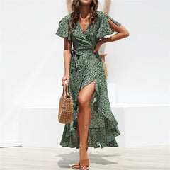 Beach Floral Print Boho Long Split Party Dress
