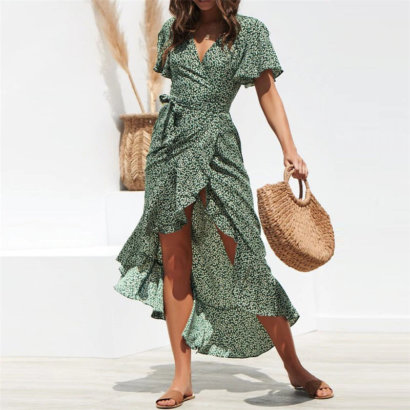 Beach Floral Print Boho Long Split Party Dress