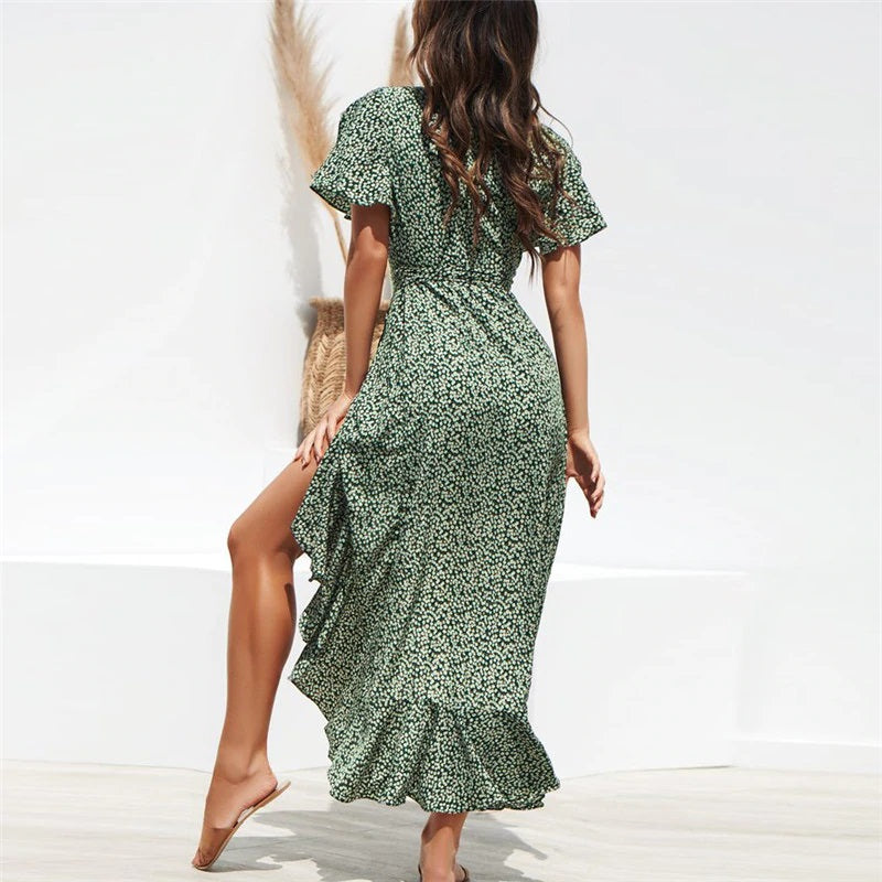 Beach Floral Print Boho Long Split Party Dress