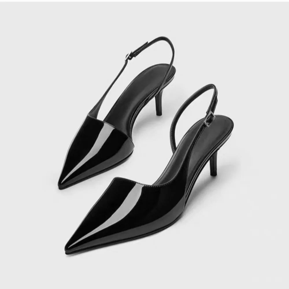Black High-heeled Sandals with Pointed Tips and Elegant  Patent Leather Strappy Fashionable Party Shoes