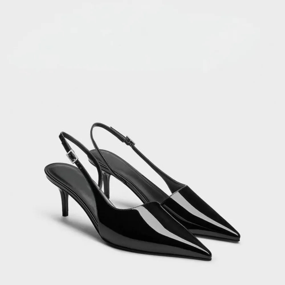 Black High-heeled Sandals with Pointed Tips and Elegant  Patent Leather Strappy Fashionable Party Shoes