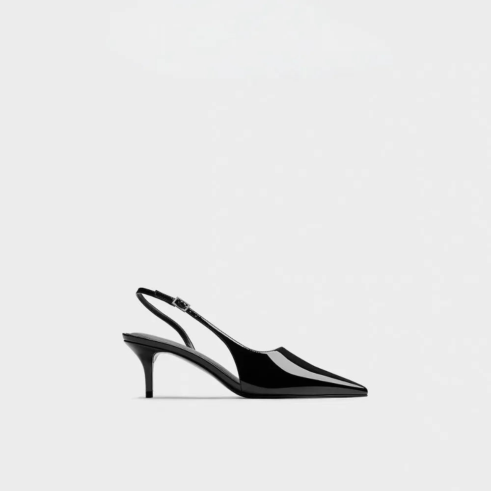 Black High-heeled Sandals with Pointed Tips and Elegant  Patent Leather Strappy Fashionable Party Shoes