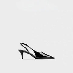 Black High-heeled Sandals with Pointed Tips and Elegant  Patent Leather Strappy Fashionable Party Shoes