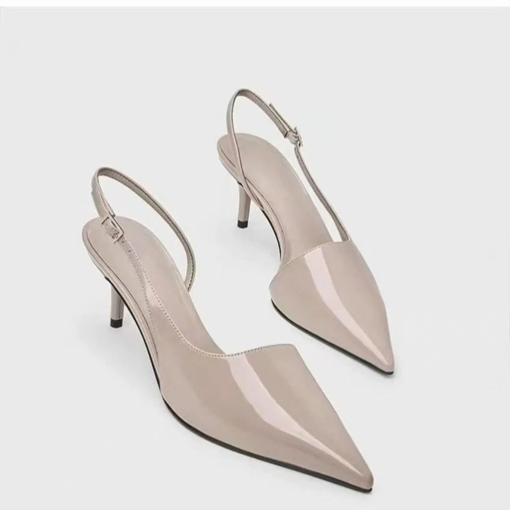 Black High-heeled Sandals with Pointed Tips and Elegant  Patent Leather Strappy Fashionable Party Shoes