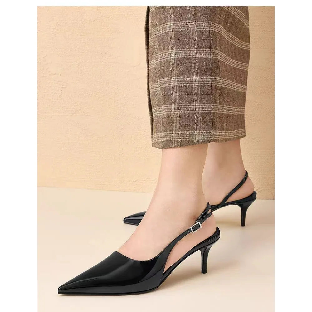 Black High-heeled Sandals with Pointed Tips and Elegant  Patent Leather Strappy Fashionable Party Shoes