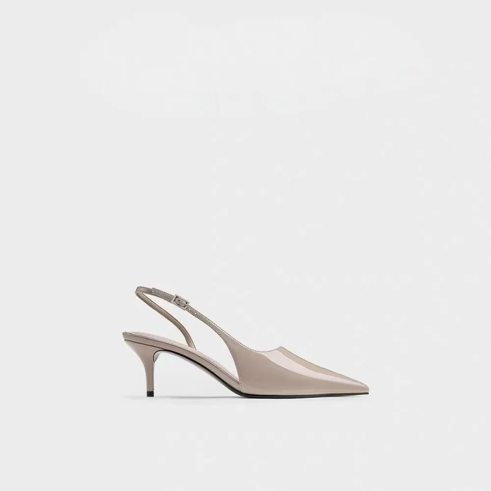 Black High-heeled Sandals with Pointed Tips and Elegant  Patent Leather Strappy Fashionable Party Shoes
