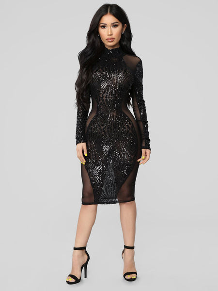 Sequin Crewneck Long Sleeve Backless Sheer Club Bodycon Dress