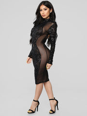 Sequin Crewneck Long Sleeve Backless Sheer Club Bodycon Dress