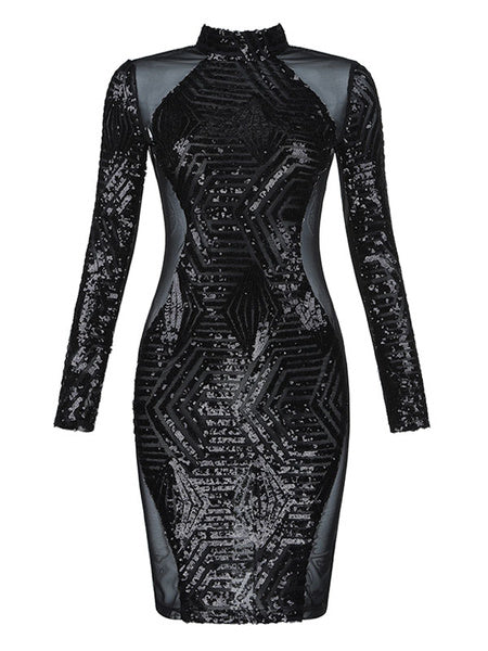 Sequin Crewneck Long Sleeve Backless Sheer Club Bodycon Dress