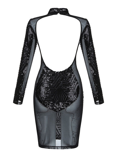 Sequin Crewneck Long Sleeve Backless Sheer Club Bodycon Dress