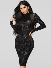 Sequin Crewneck Long Sleeve Backless Sheer Club Bodycon Dress