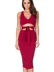 Bodycon Dress V Neck Knotted Cut Out Solid Color Dress